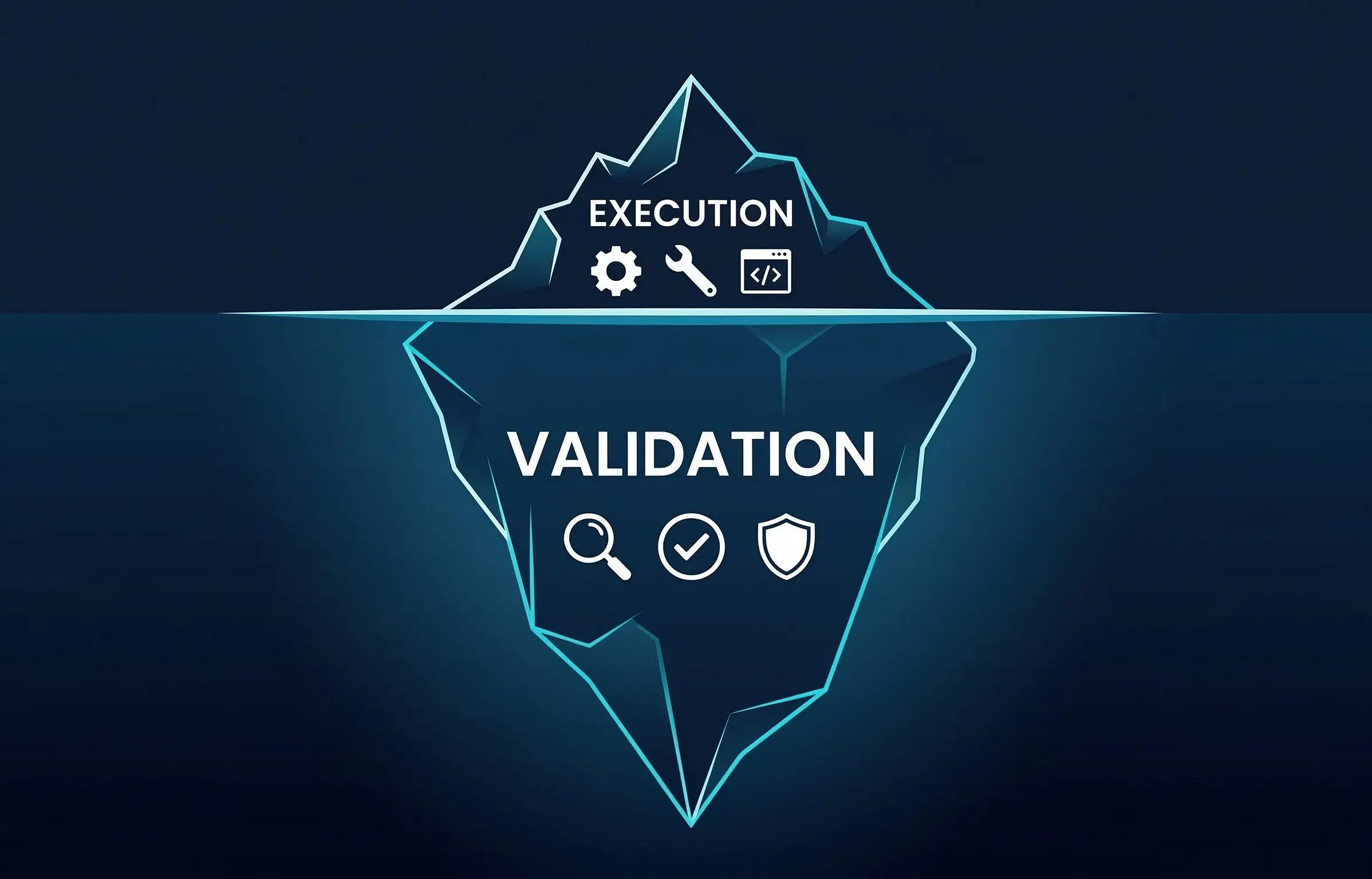 Iceberg diagram showing execution as a small portion above the waterline and validation as the massive portion below